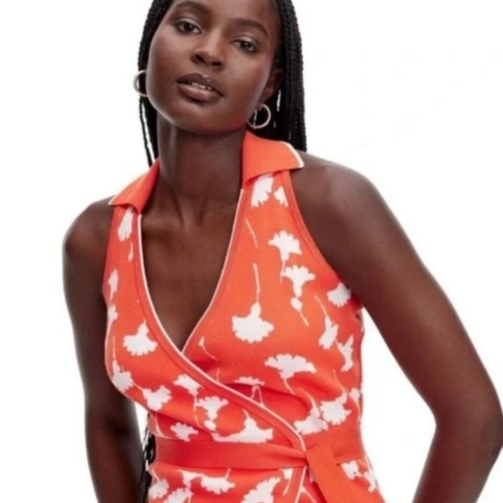 NWT Diane Von Furstenberg Women's Orange and White Floral Knit Wrap Dress - Picture 2 of 9